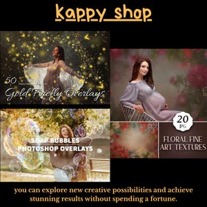 Könnte beinhalten: Ein Werbebild für digitale Kunstressourcen, darunter goldene Glühwürmchen-Overlays, Seifenblasen-Photoshop-Overlays und florale Kunsttexturen. Das Bild zeigt eine schwangere Person in einem Kleid und den Text "kappy_shop".