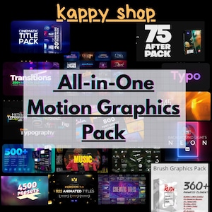 Pode incluir: Imagem promocional para um pacote de gráficos em movimento. A imagem apresenta vários elementos gráficos, incluindo títulos, transições e elementos animados. O texto "All-in-One Motion Graphics Pack" é exibido de forma proeminente, juntamente com outros textos como "Cinematic Title Pack" e "75 After Pack."