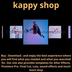 Puede incluir: La imagen presenta el texto "kappy shop" en amarillo. También incluye el texto "Designed for continuous playback". La imagen muestra a un jugador de baloncesto en el aire, junto con otras imágenes de personas.