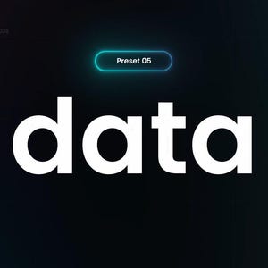 Peut inclure: Graphique num&eacute;rique avec le mot "data" en grandes lettres blanches et grasses sur un fond d&eacute;grad&eacute; bleu fonc&eacute; et noir. Au-dessus, un ovale turquoise avec le texte "Preset 05".