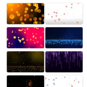 May include: A digital graphic with the word "Particles" in yellow, and a white number "10" with a "V.3" label. Below are eight rectangular thumbnails with various particle effects, including bokeh, falling lines, and floating dots.
