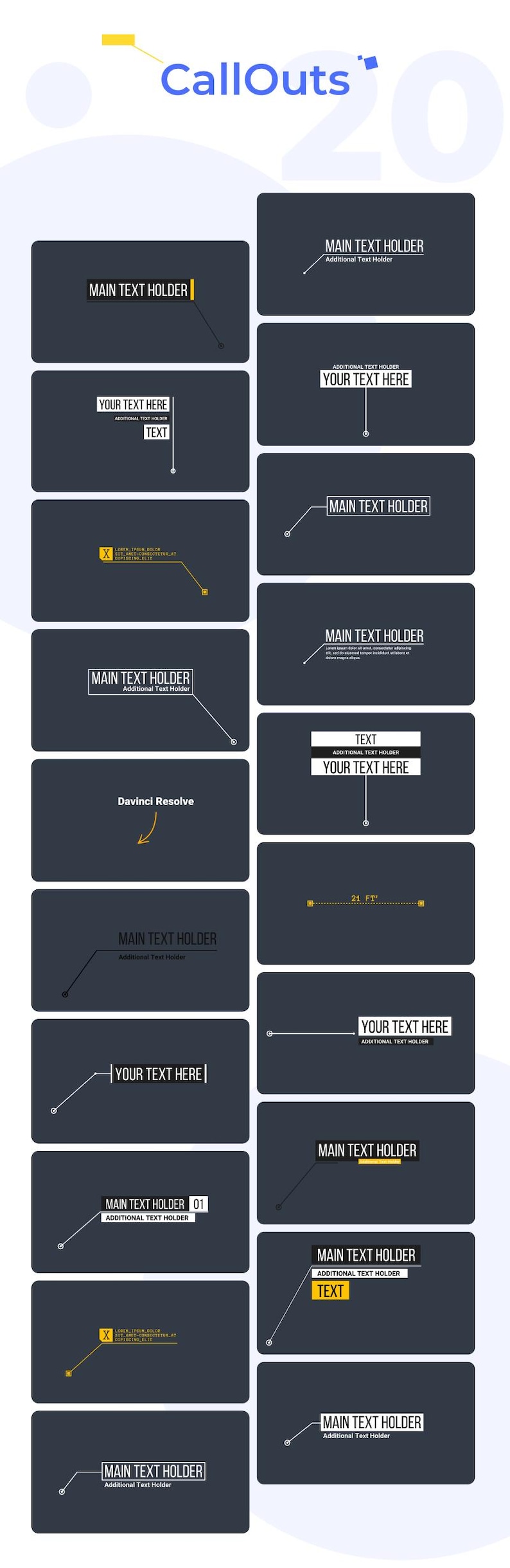 May include: A graphic featuring various callout designs with text boxes and connecting lines. The designs are in shades of gray and white, with yellow accents. Text includes "MAIN TEXT HOLDER" and "YOUR TEXT HERE".
