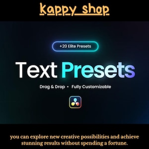 Puede incluir: Gráfico digital con las palabras "Text Presets" en degradado azul y blanco. La imagen también incluye el texto "+20 Elite Presets", "Drag & Drop" y "Fully Customizable". El fondo es oscuro con un efecto de degradado.