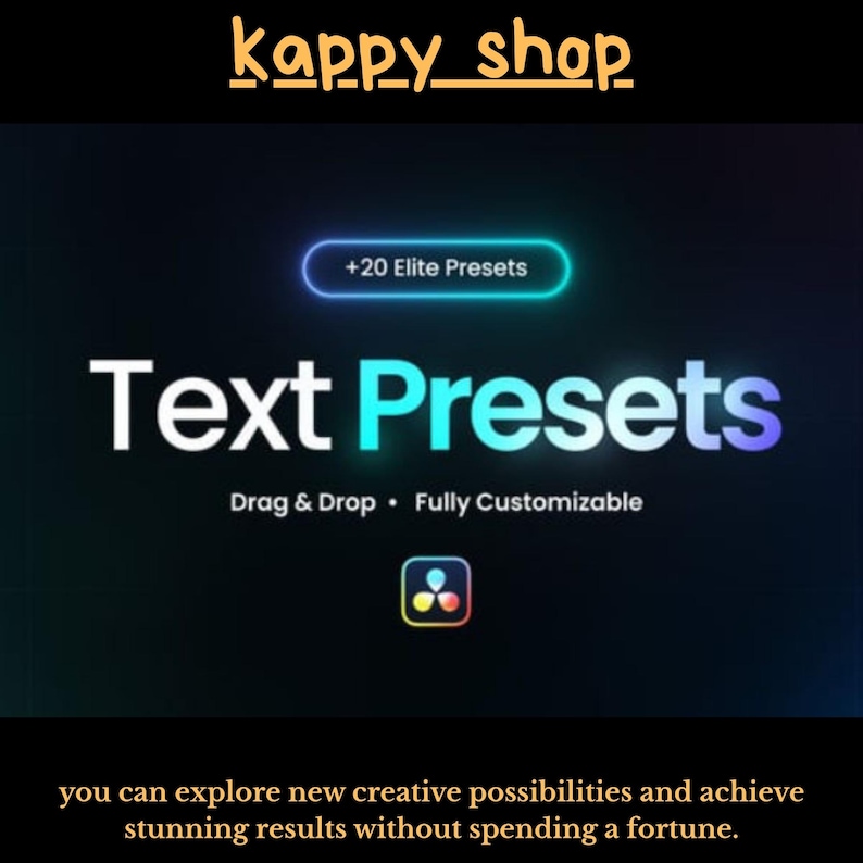 Peut inclure: Visuel num&eacute;rique pr&eacute;sentant "Text Presets" avec le texte "+20 Elite Presets", "Drag & Drop" et "Fully Customizable". Le texte "Text Presets" est en d&eacute;grad&eacute; bleu et blanc sur un fond sombre avec un effet de d&eacute;grad&eacute;.
