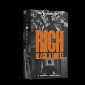 May include: A product box with a black and white cityscape image at the top. The word "RICH" is in large orange letters, with "BLACK & WHITE" below it. The bottom features a grayscale image of a person.