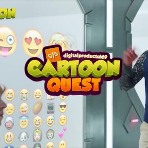 May include: The image features the text "CARTOON" and "CARTOON QUEST" with a variety of emoji icons. Two men are in the scene, one with pointed ears and a vest, and the other with a bald head. The background is a futuristic interior.