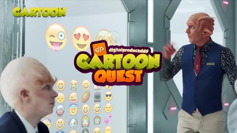 May include: The image features the text "CARTOON" and "CARTOON QUEST" with a variety of emoji icons. Two men are in the scene, one with pointed ears and a vest, and the other with a bald head. The background is a futuristic interior.