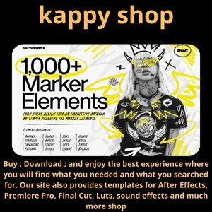 May include: A promotional image for "kappy shop" featuring a graphic design with the text "1,000+ Marker Elements." The image includes a stylized illustration of a person wearing sunglasses and a t-shirt. The image also includes the text "Buy; Download; and enjoy the best experience..."