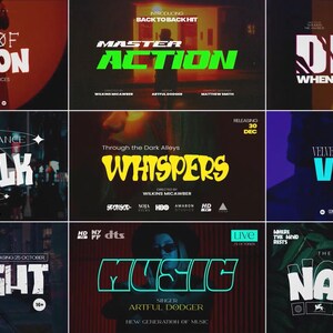 以下が含まれることがあります： 「Waves of Emotion」、「Master Action」、「Devin」、「Catwalk」、「Whispers」、「Vogue」、「Midnight」、「Music」、「Nature」などのタイトルが特徴的な、映画やイベントのポスターのコラージュ。各ポスターはユニークなデザインと配色です。