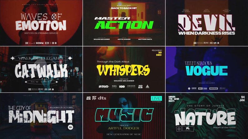 以下が含まれることがあります： 「Waves of Emotion」、「Master Action」、「Devin」、「Catwalk」、「Whispers」、「Vogue」、「Midnight」、「Music」、「Nature」などのタイトルが特徴的な、映画やイベントのポスターのコラージュ。各ポスターはユニークなデザインと配色です。