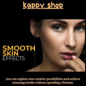 Może przedstawiać: Obraz promocyjny z tekstem "SMOOTH SKIN EFFECTS" w kolorze żółtym. Obraz przedstawia kobietę o jasnej skórze i niebieskich oczach, z tekstem "kappy_shop" u góry. Na dole obrazu znajduje się dodatkowy tekst.
