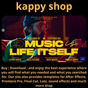 Puede incluir: Imagen promocional para "kappy shop" con un diseño de cartel de película. El cartel muestra a un hombre con gafas y gorro. El título "MUSIC is LIFE ITSELF" está en letras amarillas grandes. El texto incluye "a film by tarantino" y créditos.