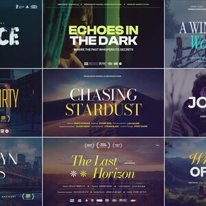 以下が含まれることがあります： 「Silence」、「Echoes in the Dark」、「A Winter Wonderland」などのタイトルが書かれた映画ポスターのコレクション。各ポスターは、独特のタイポグラフィとイメージを持ち、暗く映画的な美学を持っています。映画祭のロゴが含まれているものもあります。