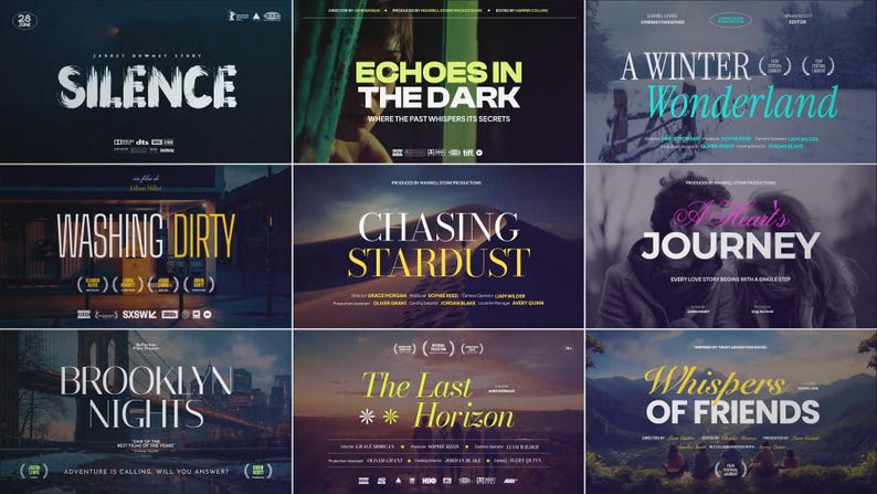 以下が含まれることがあります： 「Silence」、「Echoes in the Dark」、「A Winter Wonderland」などのタイトルが書かれた映画ポスターのコレクション。各ポスターは、独特のタイポグラフィとイメージを持ち、暗く映画的な美学を持っています。映画祭のロゴが含まれているものもあります。