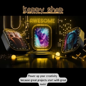 May include: Three black and gold electronic devices with illuminated frames, each displaying a different image. The word "AWESOME" is displayed above the center device. The text "MAKE FUN" is visible on the left device. The text "Power up your creativity because great projects start with great tools!" is at the bottom.