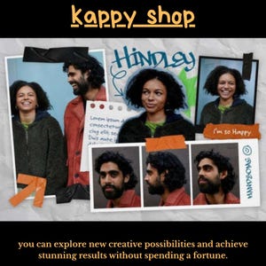 Puede incluir: Collage de fotos con una mujer y un hombre, con el texto "kappy_shop" en la parte superior. La mujer lleva una camisa verde y una chaqueta gris. El hombre lleva una chaqueta roja. El texto incluye "HiNDLey", "I'm so Happy" y "HANDSOME".