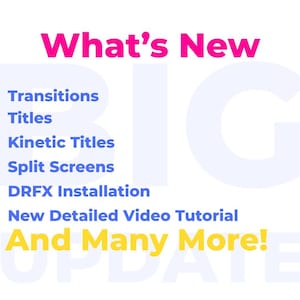May include: A graphic with the text "What's New" in pink. Below, a list of features in blue: Transitions, Titles, Kinetic Titles, Split Screens, DRFX Installation, New Detailed Video Tutorial, and "And Many More!" in yellow.
