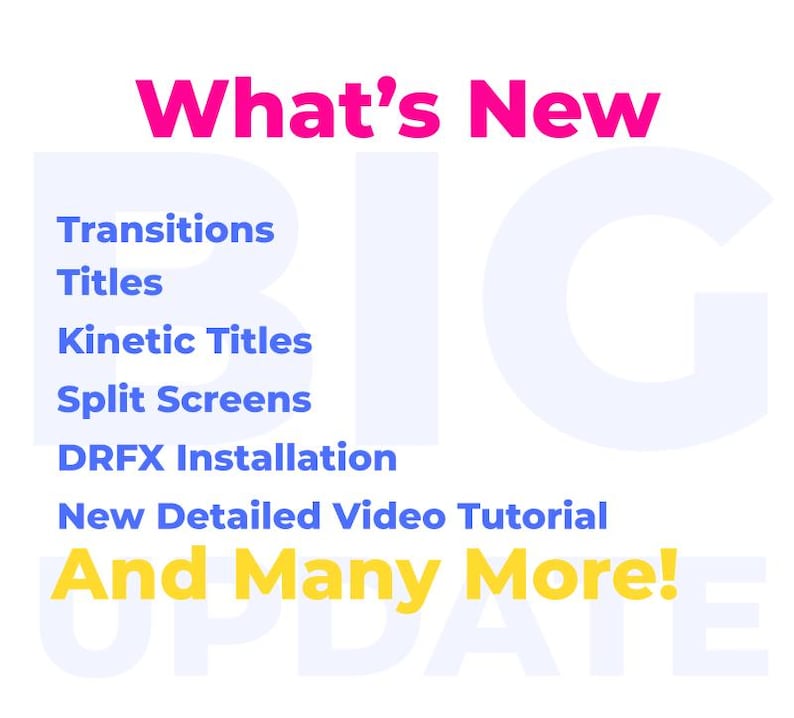 May include: A graphic with the text "What's New" in pink. Below, a list of features in blue: Transitions, Titles, Kinetic Titles, Split Screens, DRFX Installation, New Detailed Video Tutorial, and "And Many More!" in yellow.