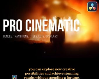 Paquete cinematográfico de DaVinci Resolve: transiciones, títulos, LUT y superposiciones para edición de video profesional