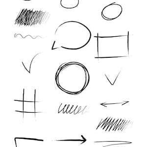 May include: Hand-drawn black graphic elements on a white background. Includes arrows, circles, speech bubbles, and other shapes. Text at the top reads "Hand Drawn Elements".