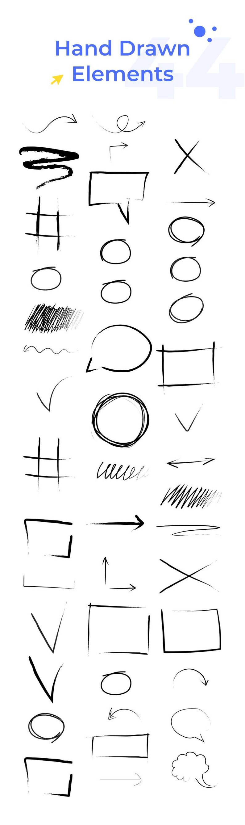 May include: Hand-drawn black graphic elements on a white background. Includes arrows, circles, speech bubbles, and other shapes. Text at the top reads "Hand Drawn Elements".