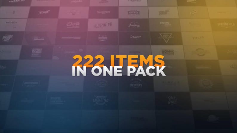 May include: A digital graphic with a grid of logos and the text "222 ITEMS IN ONE PACK" in orange and white. The background transitions from blue to yellow.