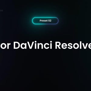 Peut inclure: Fond sombre avec le texte "for DaVinci Resolve" en blanc. Un rectangle arrondi de couleur sarcelle avec le texte "Preset 02" est en haut. Les mots "Premium Text Presets - 2024" et "+20 Presets" sont en bas.