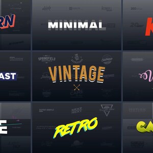May include: A collection of graphic design titles, including "Modern," "Minimal," "Kinetic," "Broadcast," "Vintage," "Wedding," "Slice," "Retro," and "Cartoon." Each title is displayed in a unique font and style against a dark background.