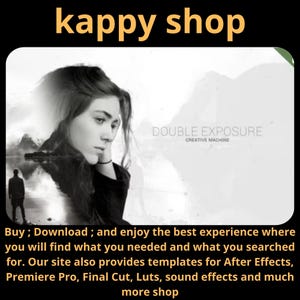 Op de afbeelding: Een zwart-wit dubbele belichting afbeelding met een portret van een vrouw over een landschap. De tekst "kappy shop" staat bovenaan, en "DOUBLE EXPOSURE CREATIVE MACHINE" wordt weergegeven. Extra tekst promoot sjablonen voor videobewerking.