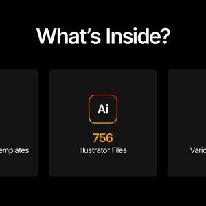 May include: Black graphic with the text "What's Inside?" and three boxes. The boxes contain the following: 813 DaVinci Resolve Templates, 756 Illustrator Files, and 23 Various Categories.
