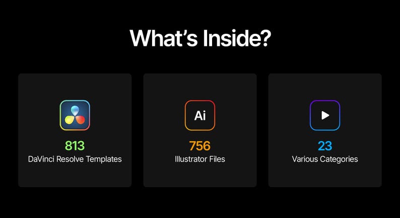 May include: Black graphic with the text "What's Inside?" and three boxes. The boxes contain the following: 813 DaVinci Resolve Templates, 756 Illustrator Files, and 23 Various Categories.