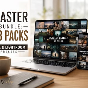 May include: A laptop and smartphone display a "Master Bundle" of 28 photo editing presets. The screen shows landscape and portrait images. A coffee cup, notebook, and pen sit on a wooden desk. The text "LUTS & Lightroom Presets" is visible.