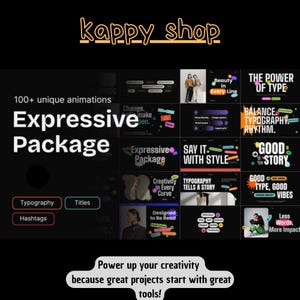 May include: A promotional graphic for "kappy_shop" featuring a collection of design elements. The image showcases typography, titles, and hashtags, with phrases like "Expressive Package" and "Say it with Style." The text "Power up your creativity" is also included.