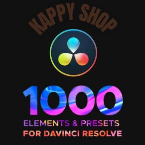 May include: A digital graphic featuring the text KAPPY SHOP at the top, a central circular icon with three colourful teardrop shapes, and the large number 1000 below. The text ELEMENTS & PRESETS FOR DAVINCI RESOLVE appears in a vibrant gradient.