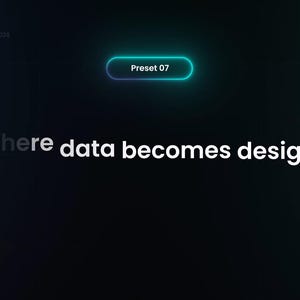 Peut inclure: Fond sombre avec le texte "Where data becomes design." Un ovale turquoise et violet avec le texte "Preset 07" est en haut. Les mots "+20 Presets" et "DaVinci Resolve" sont en bas.