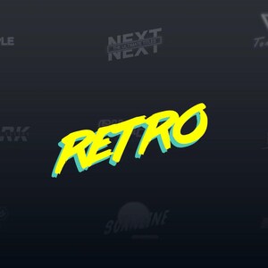 May include: A dark background with the word "RETRO" in large, yellow, 3D lettering with a light blue shadow. Other text elements include "SUPER SIMPLE", "NEXT NEXT", "Tonight Show", "NEW YORK", "DESIGNER", "Las Vegas", and "SUNSHINE".