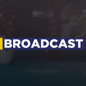 May include: A dark, cinematic image featuring the word "BROADCAST" in white text over a blue banner with a yellow vertical stripe. A white billiard ball is in the foreground, with a red ball and other text elements in the background.