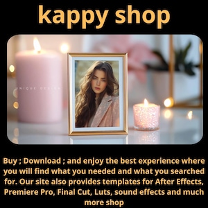 Könnte beinhalten: Ein goldgerahmtes Foto einer Frau mit langen braunen Haaren, beleuchtet von einer Kerze in einem Glasbehälter und einer großen rosa Kerze. Das Bild hat oben den Text "kappy shop".