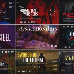 以下が含まれることがあります： 「The Illusion of Choice」や「The Forgotten Whispers」などのタイトルが書かれた映画ポスターのコレクション。各ポスターはユニークなアートワークとテキストが特徴で、映画祭のロゴや公開日が含まれているものもある。