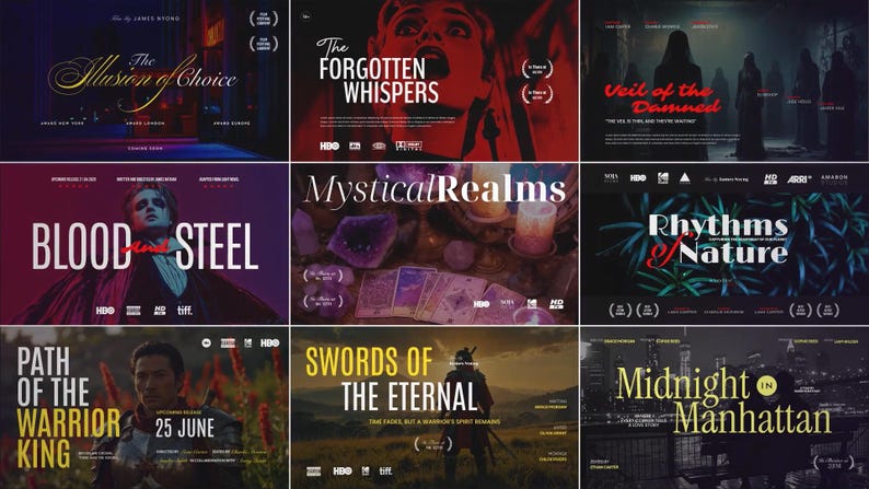 以下が含まれることがあります： 「The Illusion of Choice」や「The Forgotten Whispers」などのタイトルが書かれた映画ポスターのコレクション。各ポスターはユニークなアートワークとテキストが特徴で、映画祭のロゴや公開日が含まれているものもある。
