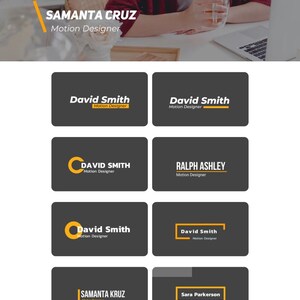 May include: A collection of lower thirds graphics with various designs and text. The image includes a woman with glasses and a laptop, and several lower third examples with names and titles like "Motion Designer."