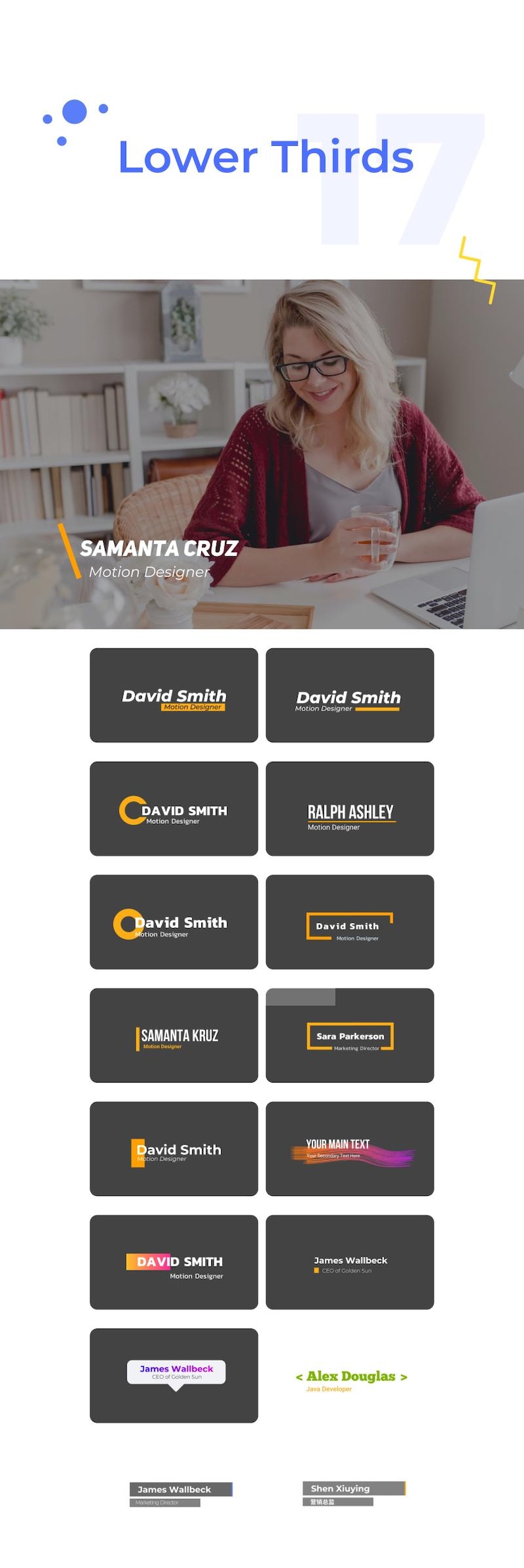 May include: A collection of lower thirds graphics with various designs and text. The image includes a woman with glasses and a laptop, and several lower third examples with names and titles like "Motion Designer."