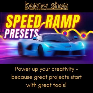 Może przedstawiać: Obraz promocyjny dla "Speed Ramp Presets" z niebieskim samochodem sportowym. Tekst "SPEED RAMP PRESETS" jest w kolorze żółtym i białym, z hasłem "Power up your creativity – because great projects start with great tools!"