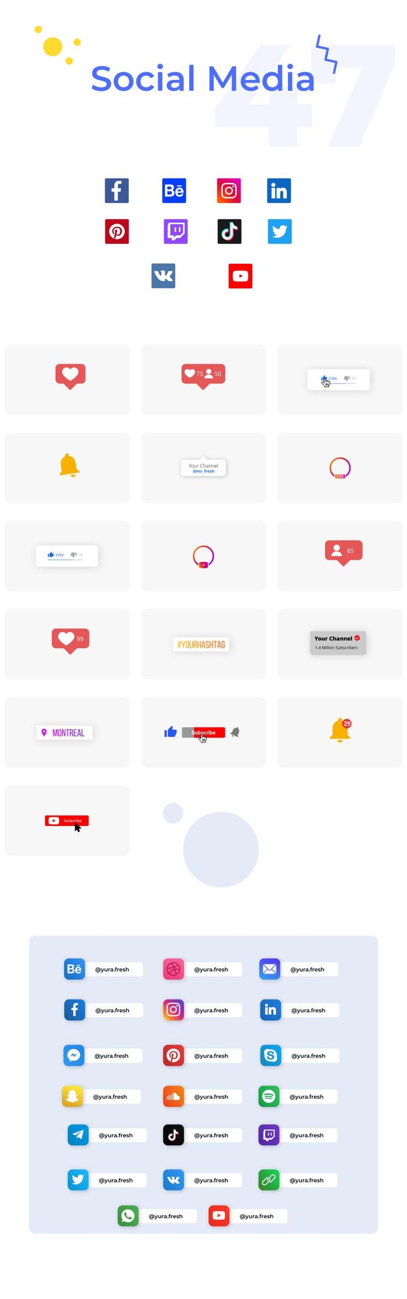 May include: A graphic featuring social media icons and interactive elements. Includes icons for Facebook, Instagram, and YouTube, along with like, subscribe, and notification symbols. The text "Social Media" is displayed at the top.