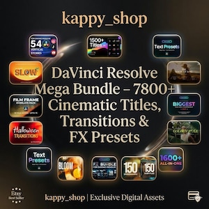 May include: A promotional image for a DaVinci Resolve Mega Bundle, offering over 7800 cinematic titles, transitions, and FX presets. The dark image displays various colourful thumbnails highlighting video editing elements, such as text presets and transitions.