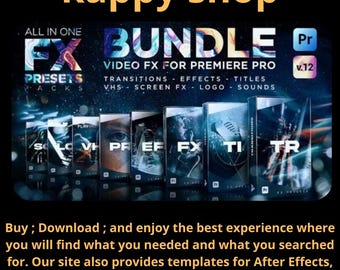 Premiere Pro バンドル: 1500 種類以上のトランジション、タイトル、VFX、LUT、グリッチエフェクト、サウンドパック