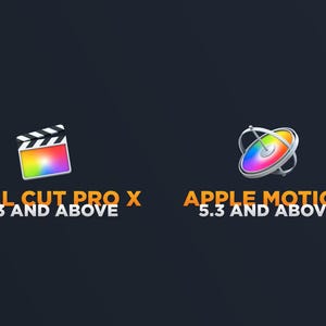 May include: Dark background with two icons: a film clapperboard and a spinning disc. Text below reads "FINAL CUT PRO X 10.3 AND ABOVE" and "APPLE MOTION 5.3 AND ABOVE". The icons have rainbow color gradients.