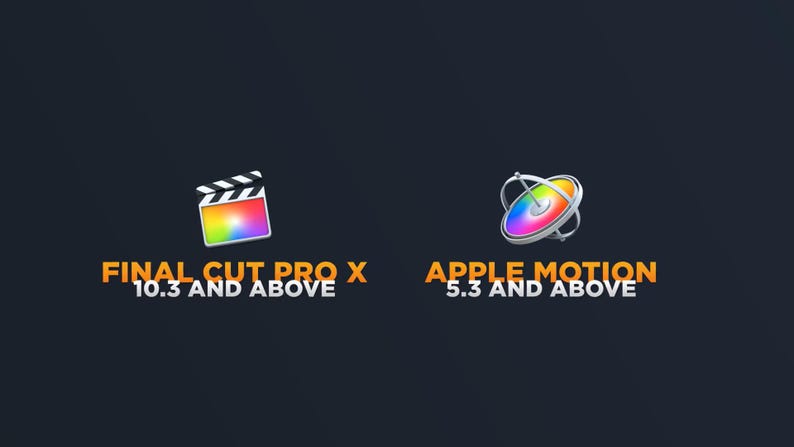 May include: Dark background with two icons: a film clapperboard and a spinning disc. Text below reads "FINAL CUT PRO X 10.3 AND ABOVE" and "APPLE MOTION 5.3 AND ABOVE". The icons have rainbow color gradients.