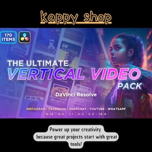 May include: A digital art graphic promoting a vertical video pack for DaVinci Resolve. The image features the text "THE ULTIMATE VERTICAL VIDEO PACK" with various aspect ratios and social media platform logos. The image also includes the text "Power up your creativity because great projects start with great tools!"