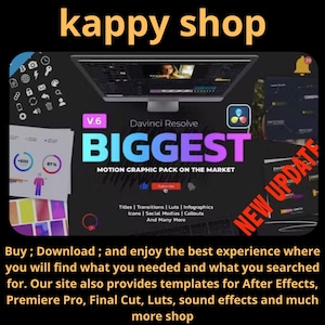May include: An advertisement for "kappy shop" showcasing a computer screen with video editing software. The image promotes a motion graphic pack for Davinci Resolve, titled "BIGGEST." Additional text includes "Titles, Transitions, Luts, Infographics."